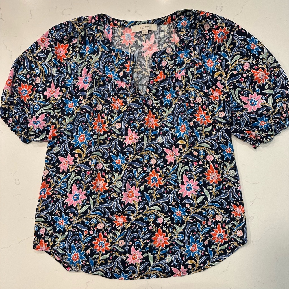 LOFT Women's Floral Blouse - Pink, Blue, Orange on Black